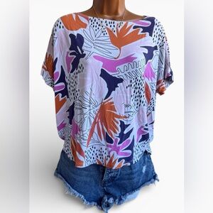Fighting Eel Multicolor Leaf Print Short Sleeve Top